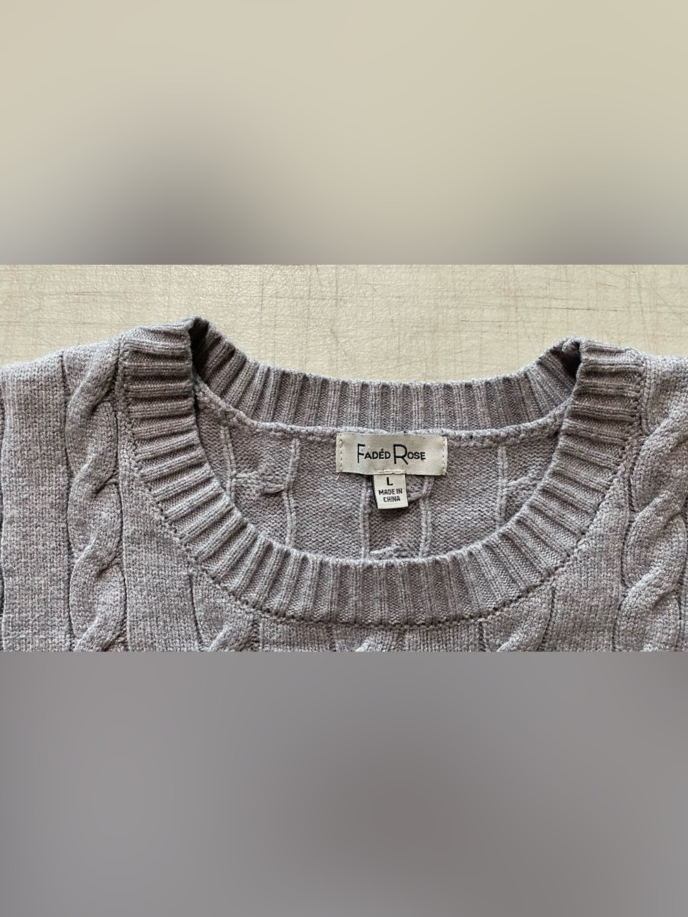 Faded  Rose Los Angeles 07 Cable Knit Cropped Sweater - Gray with Green Applique - Picture 4 of 9